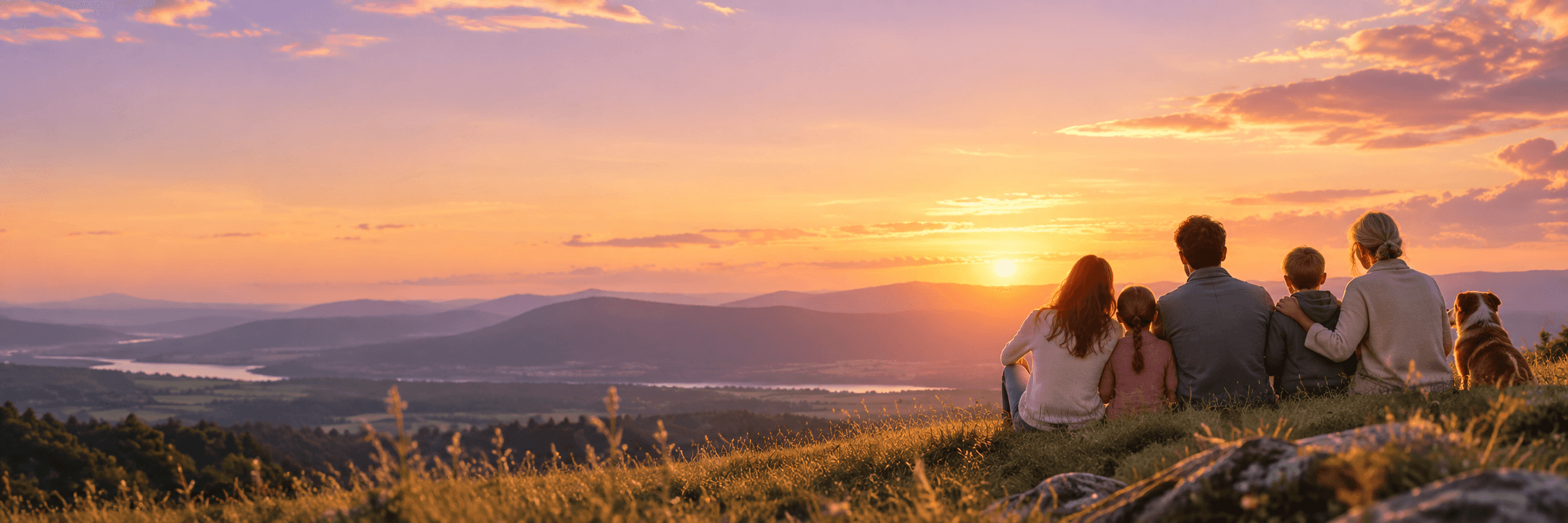 Une famille réunie face à un paysage au coucher du soleil.